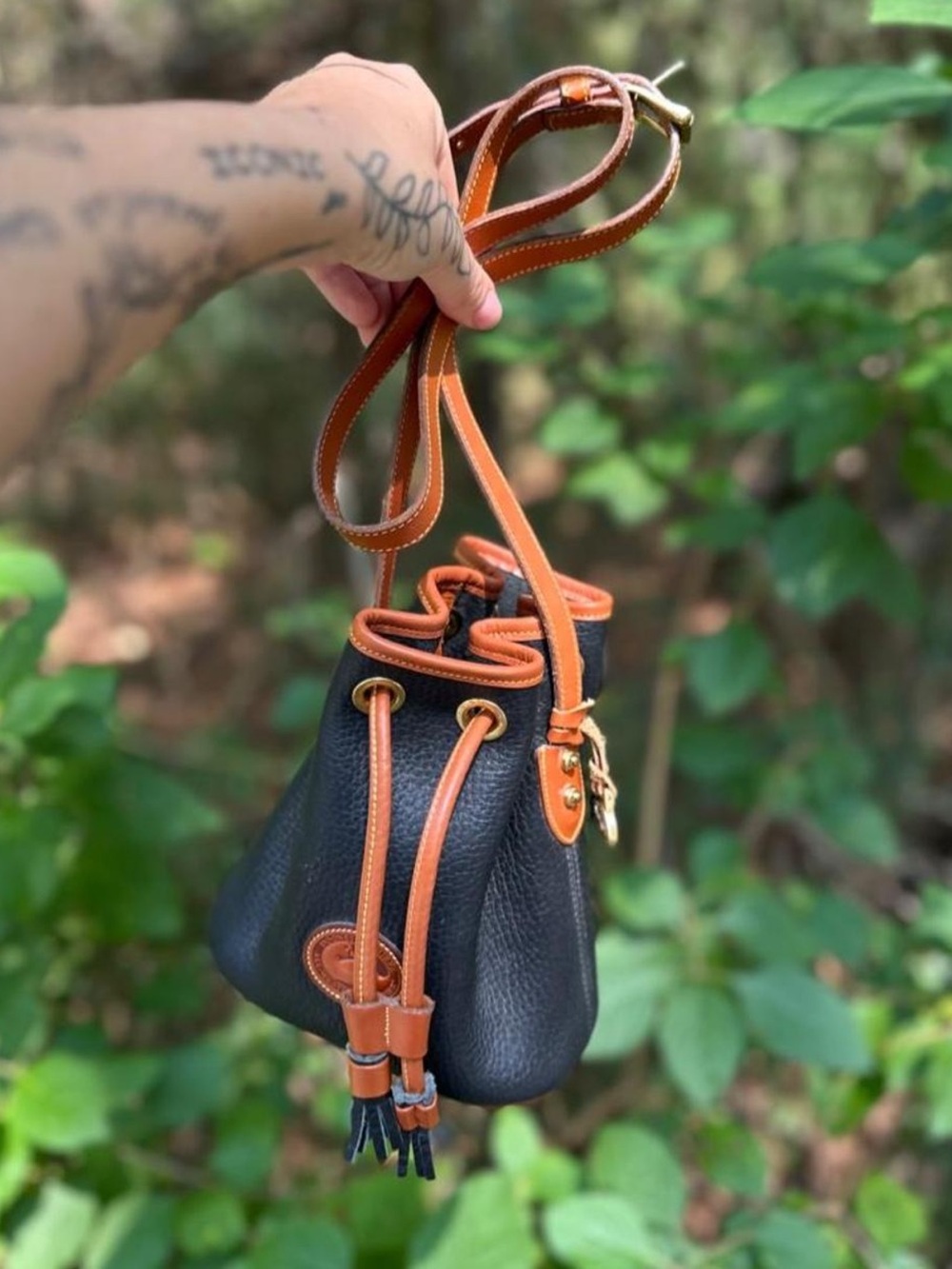 Vintage Dooney & Bourke All Weather Leather Black Tan Drawstring Mini Bucket Bag